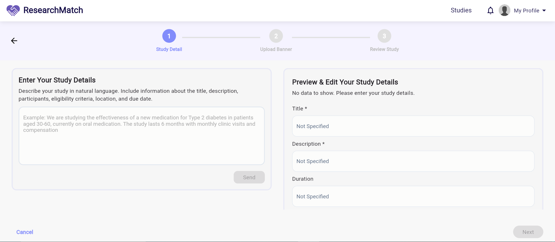 Study Entry UI showing form fields for research study creation